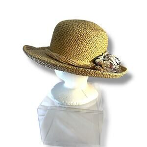 Vintage Tan and Cream Wide Brim Sun Hat with Flowers